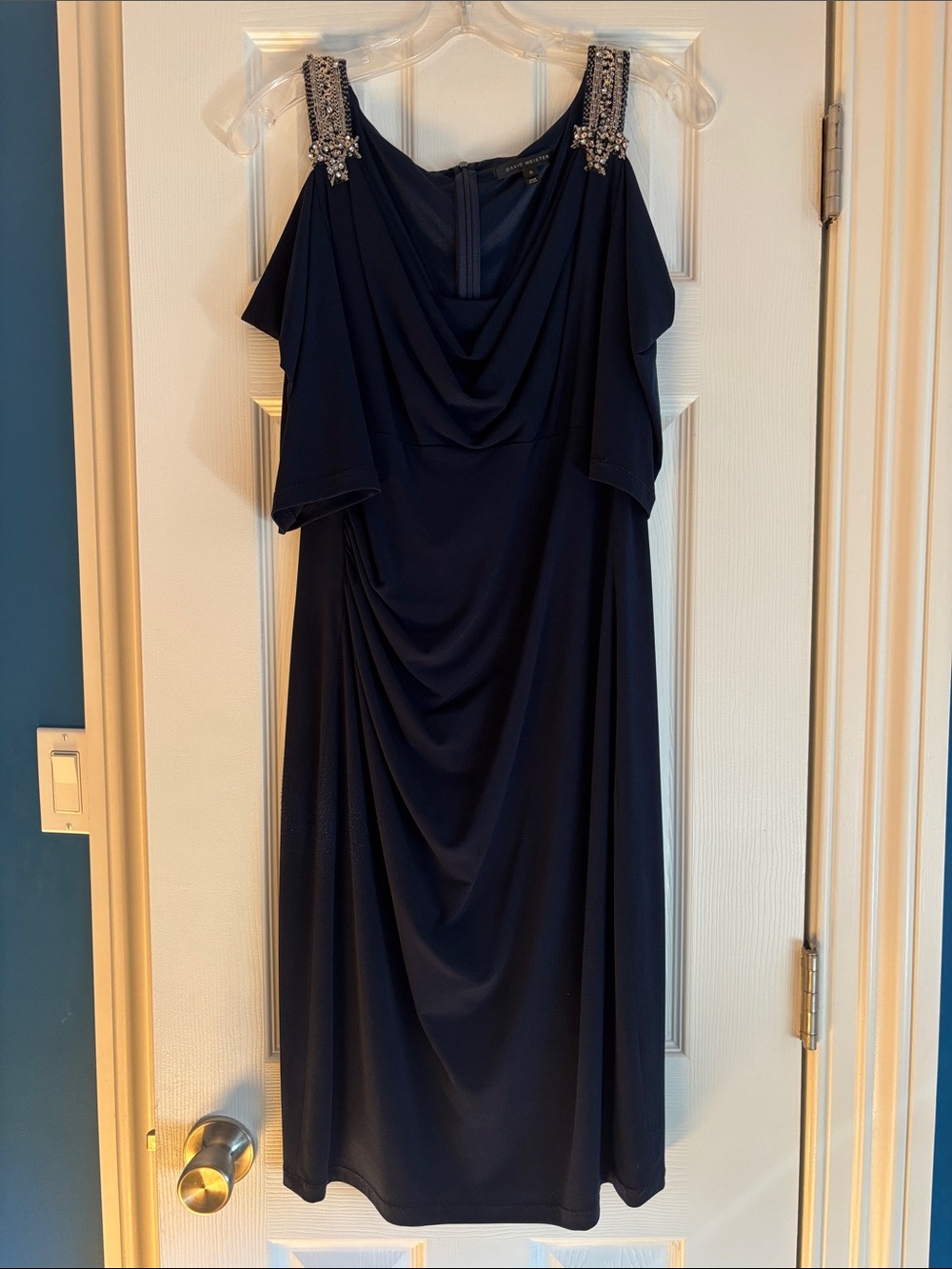 David Meister Navy Embellished-Shoulder Midi Dress